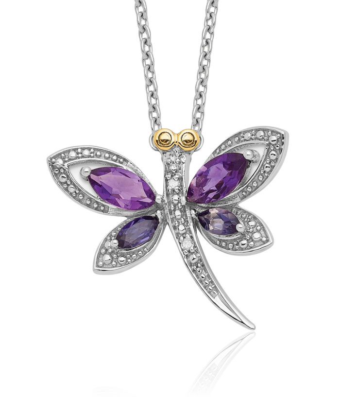 925 Sterling Silver Purple Amethyst Iolite Diamond Dragonfly Necklace Chain Gemstone Pendant Charm