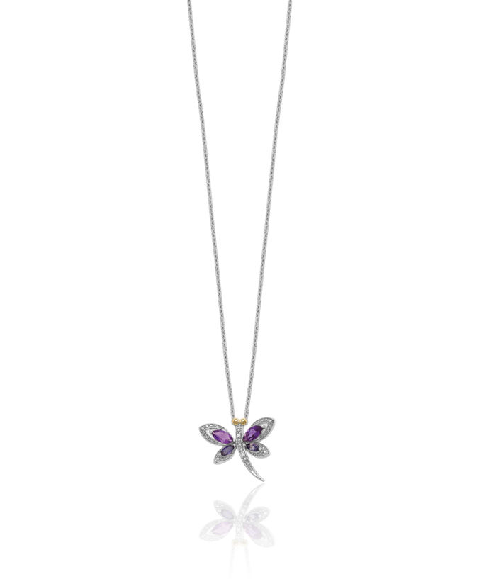 925 Sterling Silver Purple Amethyst Iolite Diamond Dragonfly Necklace Chain Gemstone Pendant Charm