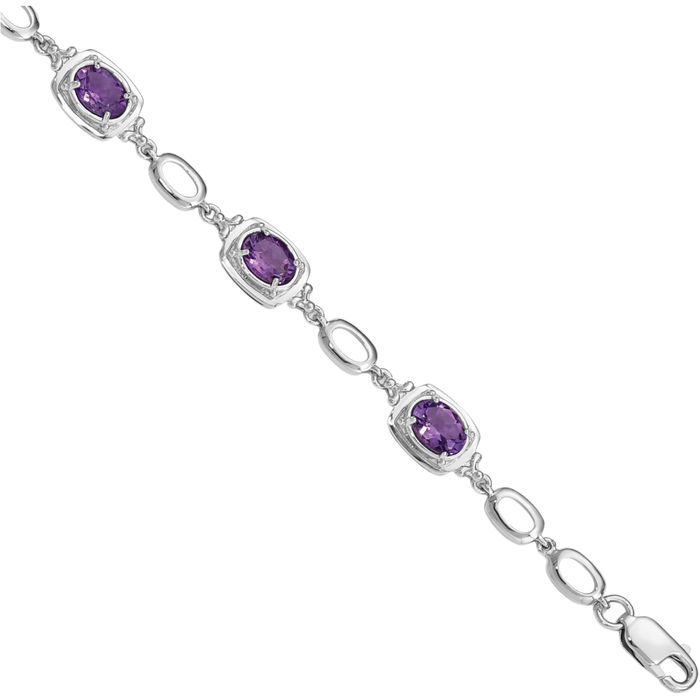 925 Sterling Silver Purple Amethyst Link Chain Bracelet