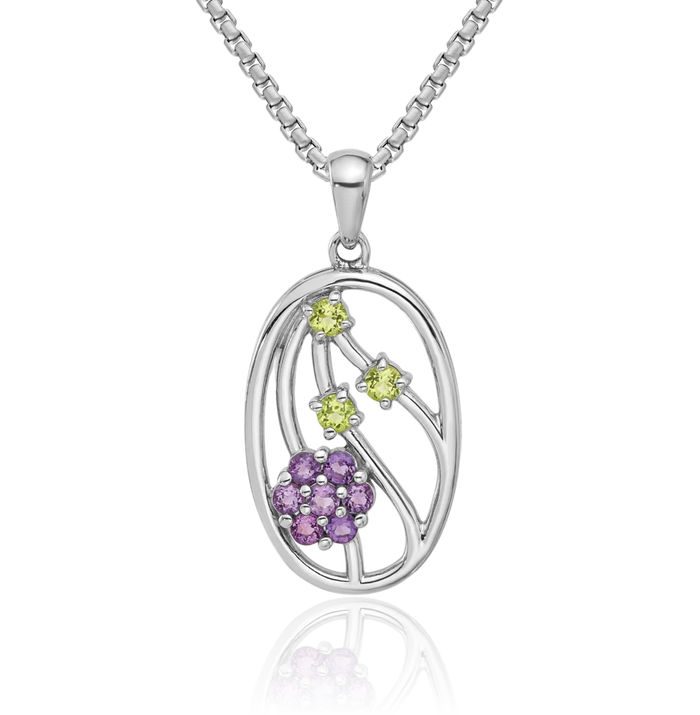 925 Sterling Silver Purple Amethyst Green Peridot Flower Necklace Gemstone Pendant Charm