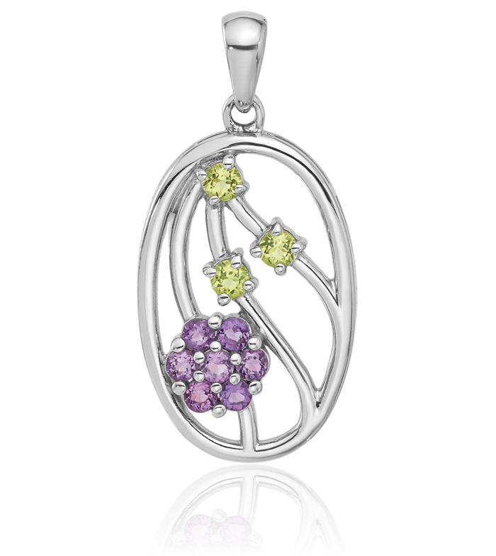 925 Sterling Silver Purple Amethyst Green Peridot Flower Necklace Gemstone Pendant Charm