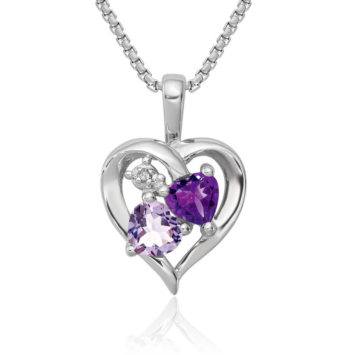 925 Sterling Silver Purple Amethyst Pink Quartz Diamond Necklace Heart Charm Gemstone Pendant February Birthstone Jewelry