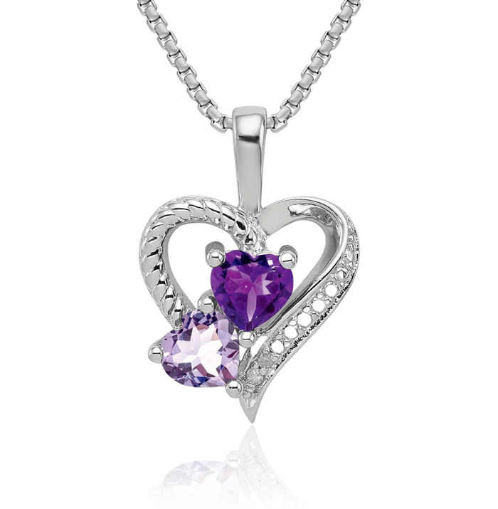 925 Sterling Silver Purple Amethyst Pink Quartz Diamond Necklace Heart Charm Gemstone Pendant February Birthstone Jewelry