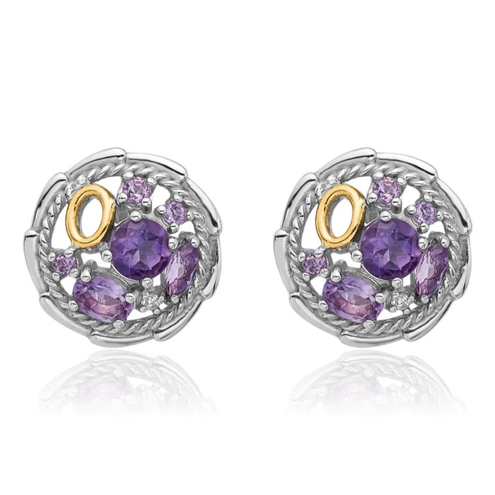 925 Sterling Silver Purple Amethyst Pink Quartz White Topaz Stud Earrings