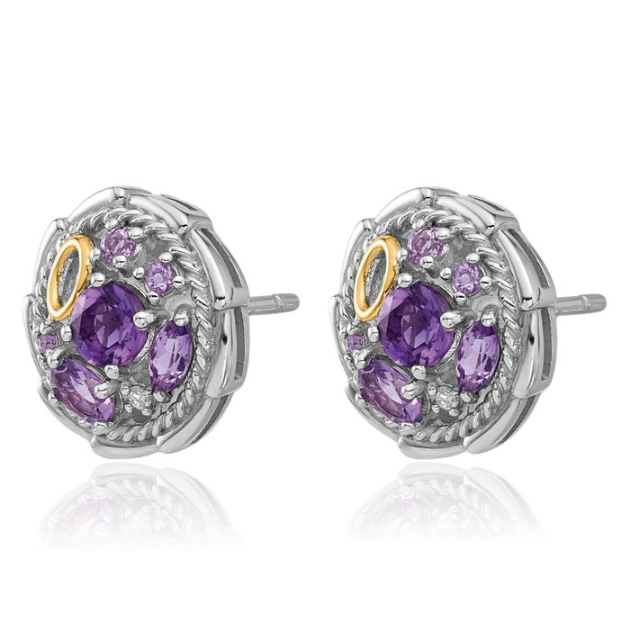 925 Sterling Silver Purple Amethyst Pink Quartz White Topaz Stud Earrings