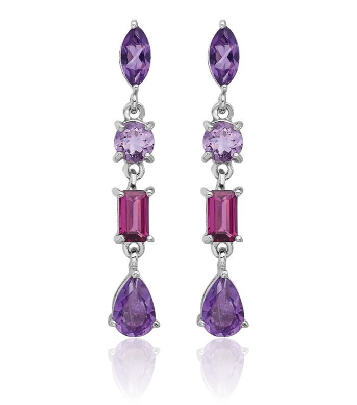 925 Sterling Silver Purple Amethyst Rhodolite Pink Quartz Drop Dangle Earrings Gemstone Post Push Back