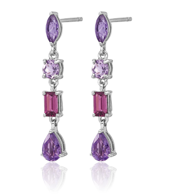 925 Sterling Silver Purple Amethyst Rhodolite Pink Quartz Drop Dangle Earrings Gemstone Post Push Back