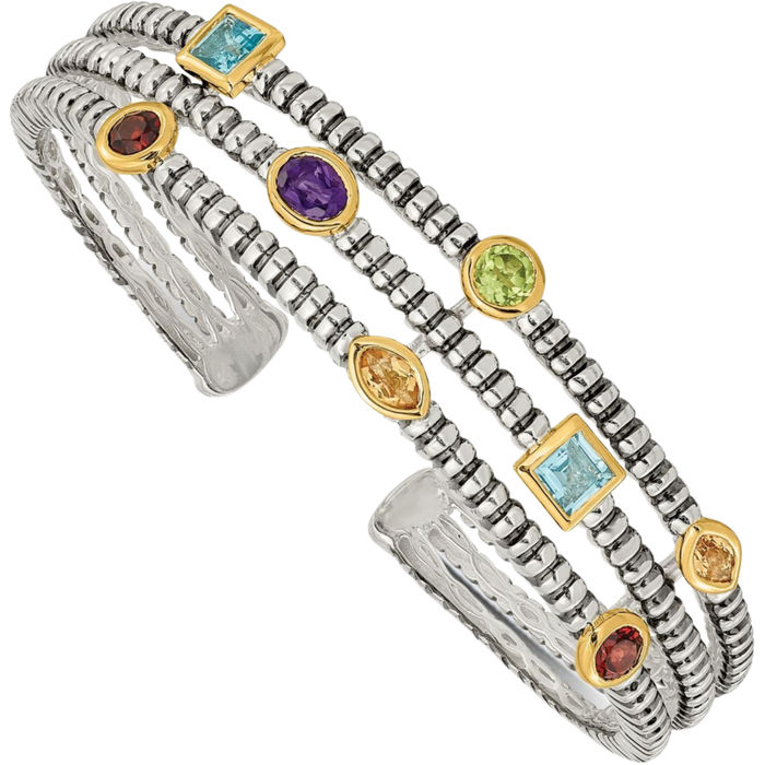 925 Sterling Silver Vintage Purple Amethyst Sky Blue Topaz Yellow Orange Citrine Red Garnet Green Peridot Cuff Bracelet