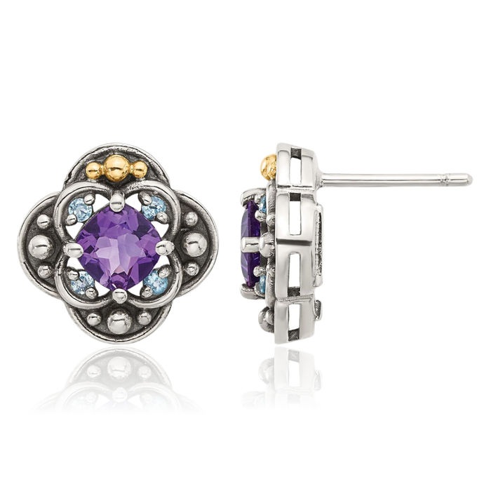 925 Sterling Silver Vintage Purple Amethyst Swiss Blue Topaz Stud Earrings