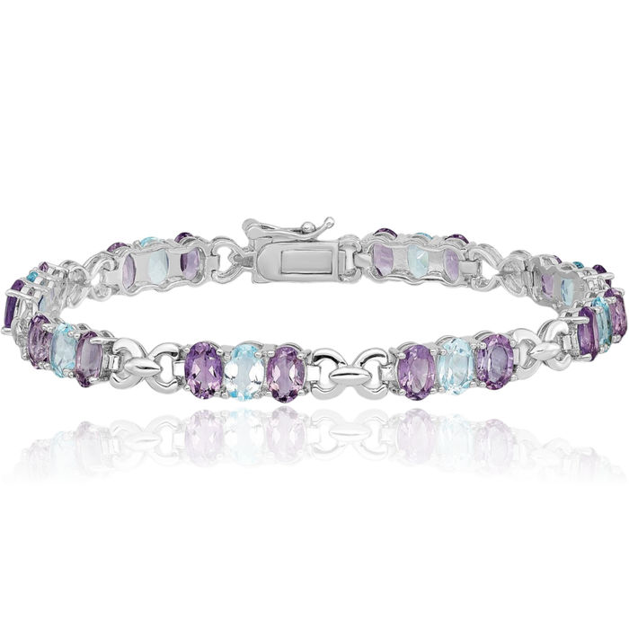 925 Sterling Silver Purple Amethyst Swiss Blue Topaz Chain Gemstone Tennis Bracelet