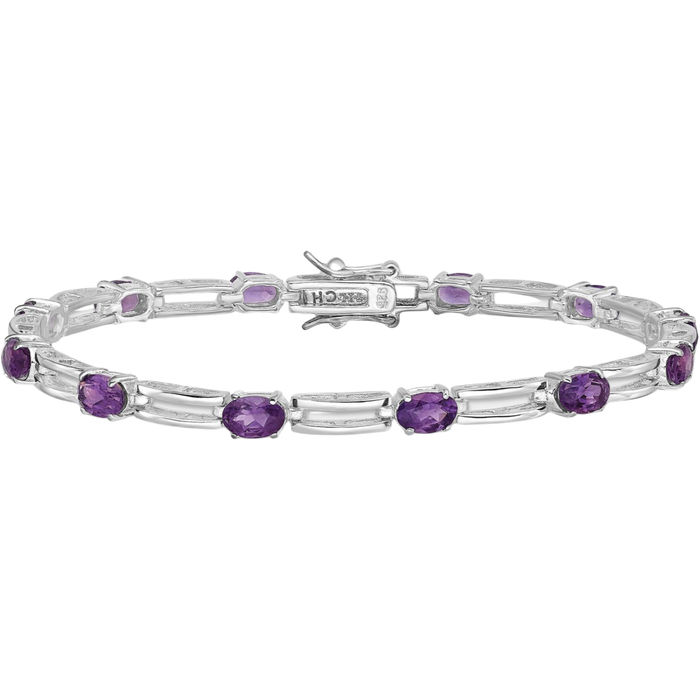 925 Sterling Silver Purple Amethyst Chain Gemstone Tennis Bracelet