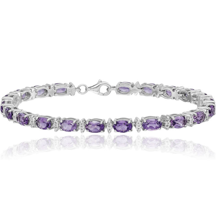 925 Sterling Silver Purple Amethyst White Topaz Chain Gemstone Tennis Bracelet