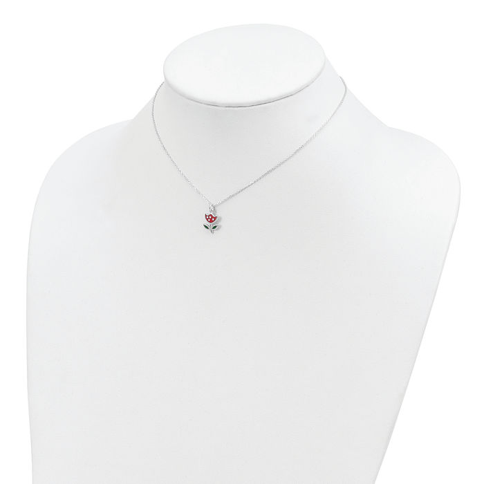 925 Sterling Silver Red Green Flower Chain Necklace