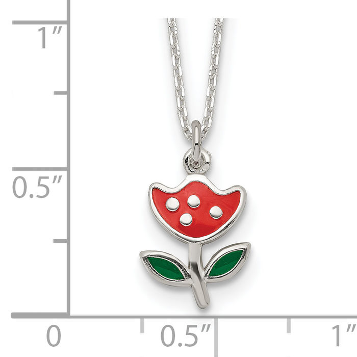 925 Sterling Silver Red Green Flower Chain Necklace