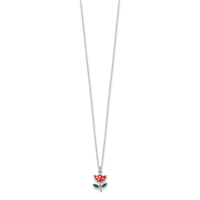 925 Sterling Silver Red Green Flower Chain Necklace