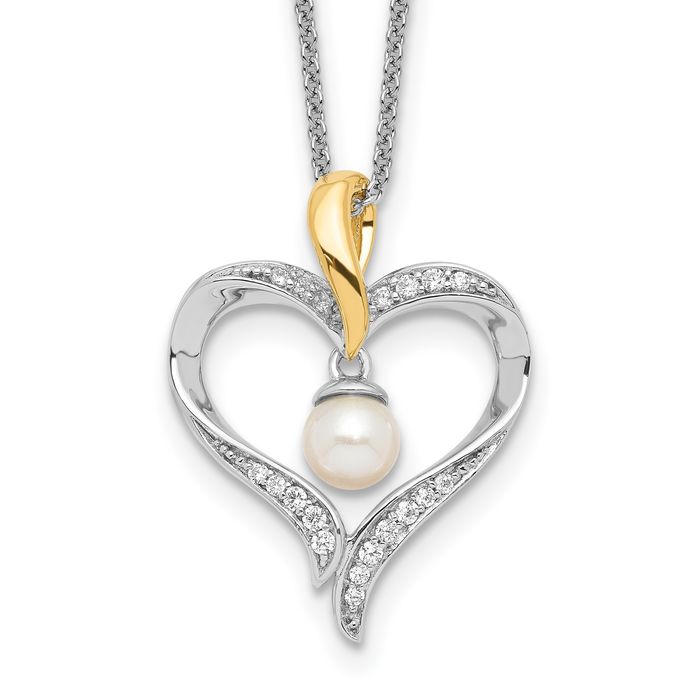 925 Sterling Silver Cubic Zirconia CZ Gold Plated Freshwater Cultured Pearl Heart Soul Necklace Chain