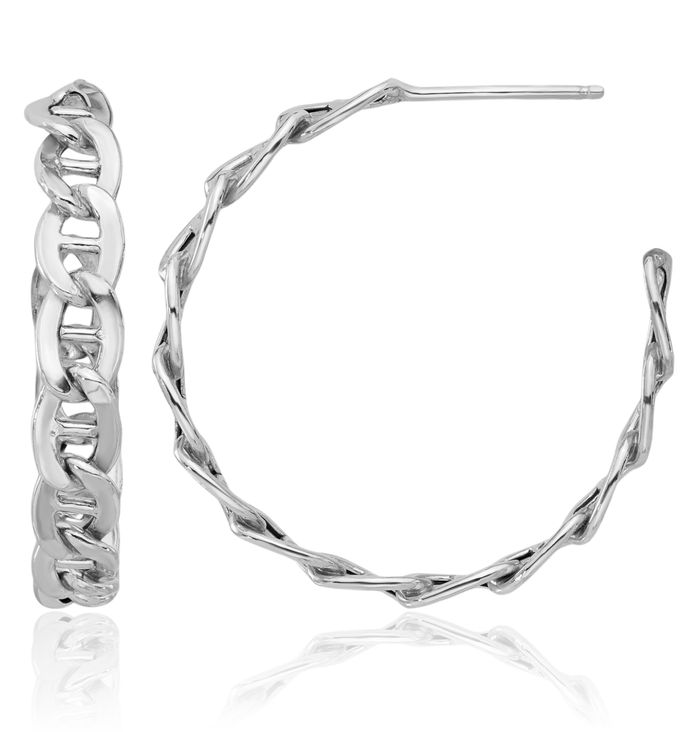 925 Sterling Silver Anchor Mariner Chain Link C Hoop Earrings