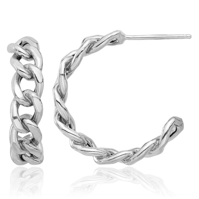 925 Sterling Silver Anchor Mariner Chain Link C Hoop Earrings