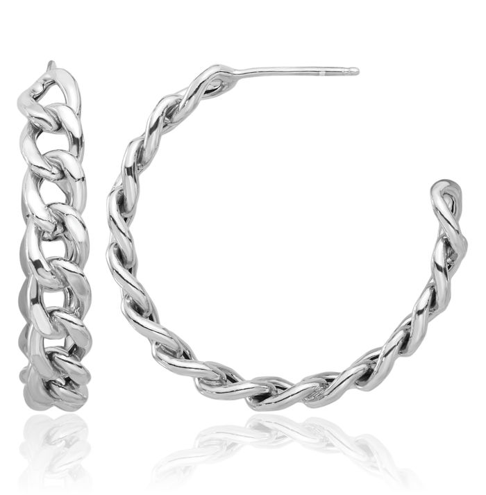 925 Sterling Silver Anchor Mariner Chain Link C Hoop Earrings