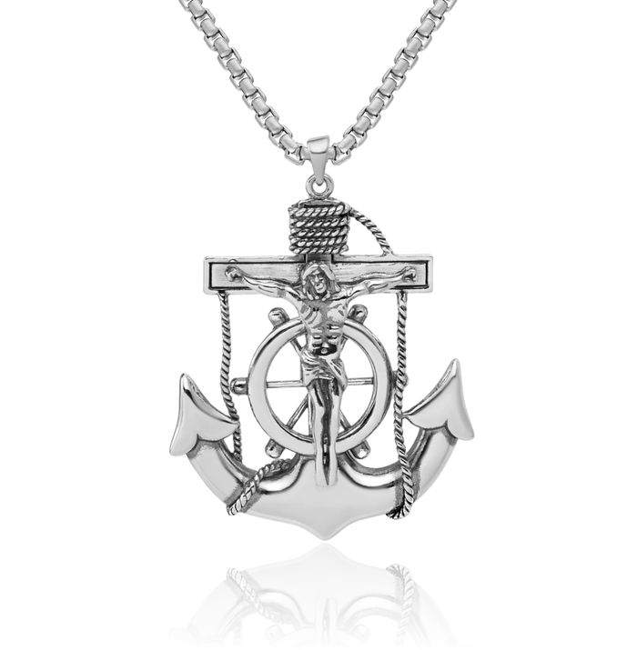 925 Sterling Silver Vintage Anchor Mariner Holy Cross Necklace Religious Chain Pendant Jesus Christ Nautical Charm