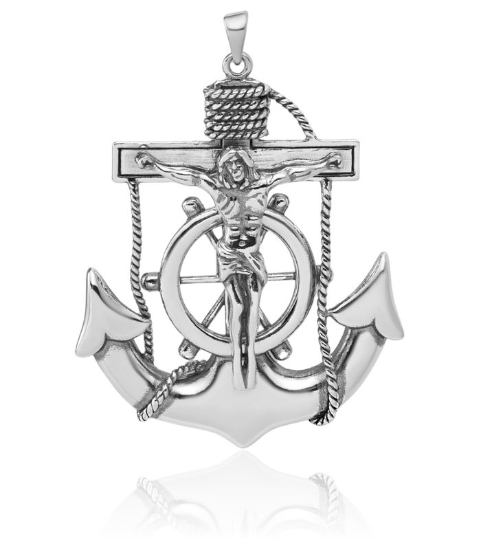 925 Sterling Silver Vintage Anchor Mariner Holy Cross Necklace Religious Chain Pendant Jesus Christ Nautical Charm