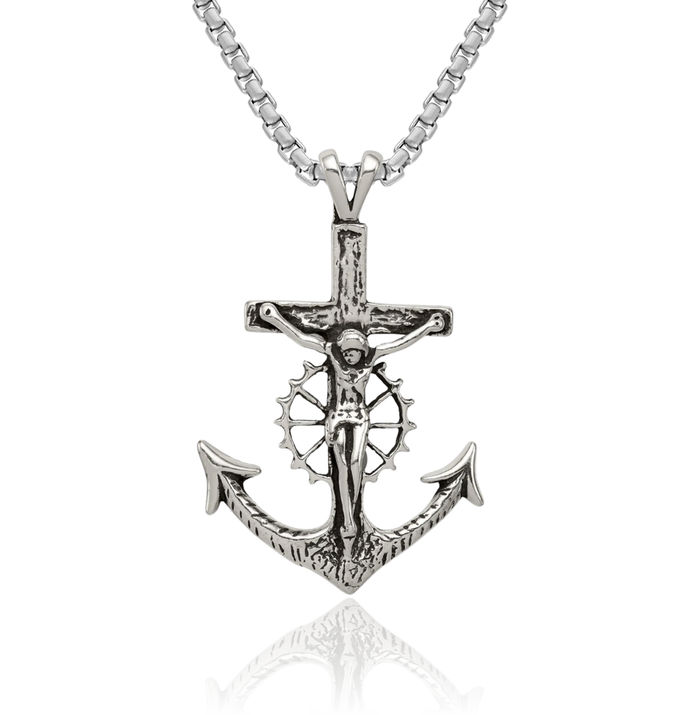 925 Sterling Silver Vintage Anchor Mariner Lord Jesus Christ Crucifix Holy Cross Necklace Religious Chain Pendant Nautical Charm