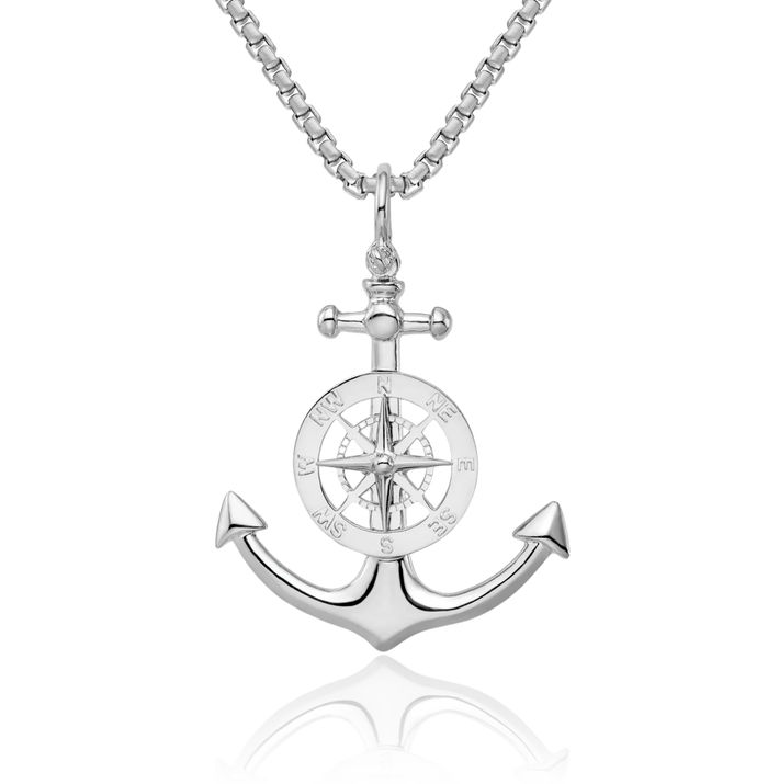 925 Sterling Silver Anchor Mariner North Star Compass Necklace Nautical Charm Pendant