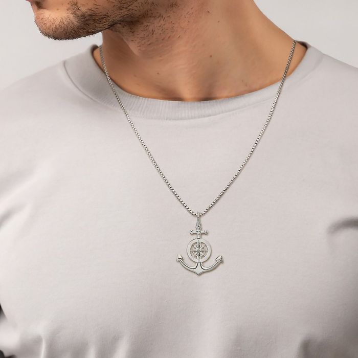 925 Sterling Silver Anchor Mariner North Star Compass Necklace