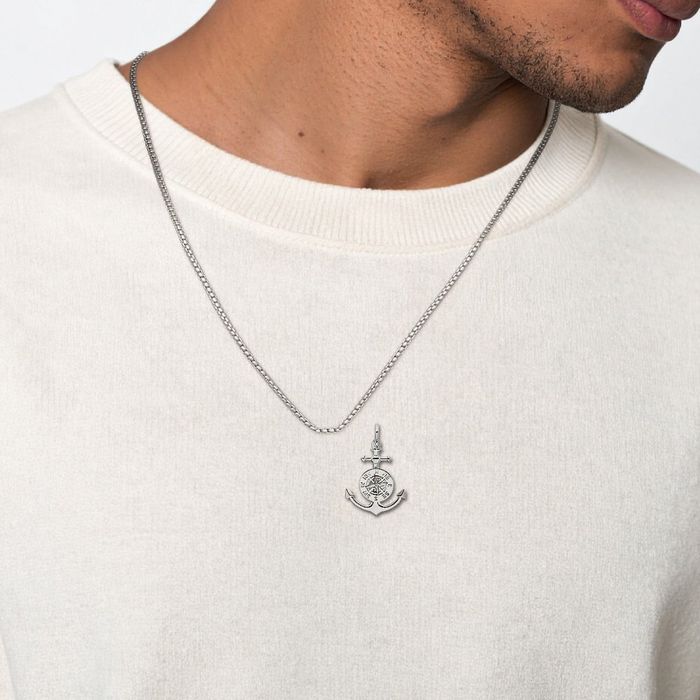 925 Sterling Silver Anchor Mariner North Star Compass Necklace