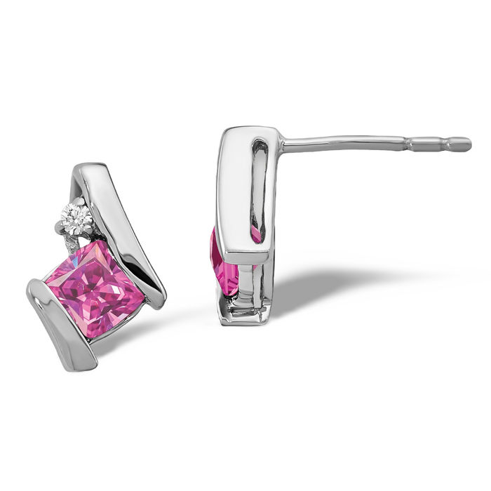 925 Sterling Silver Vintage Cushion-Cut Lab Pink Sapphire Diamond Stud Earrings October Birthstone Jewelry