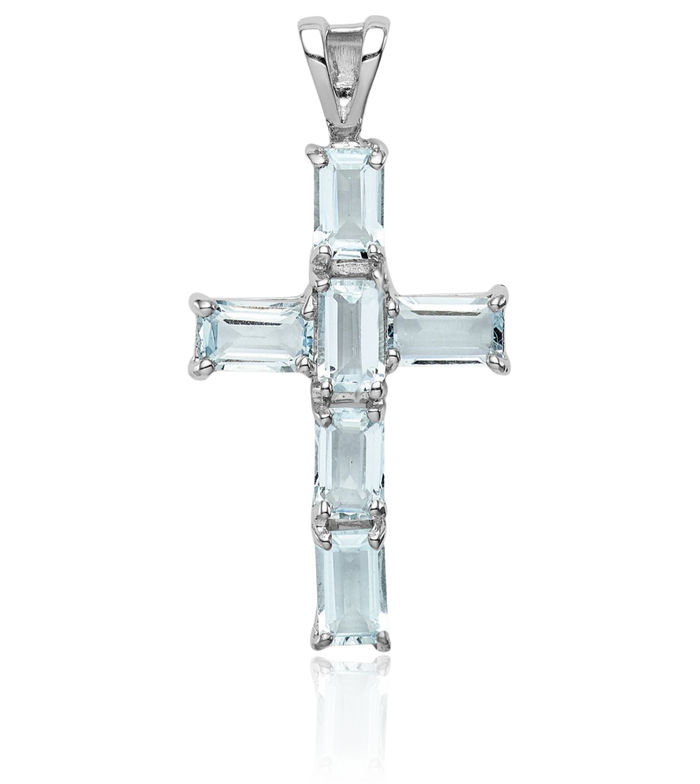 925 Sterling Silver Blue Aquamarine Holy Cross Necklace Religious Chain Pendant Jesus Christ Charm