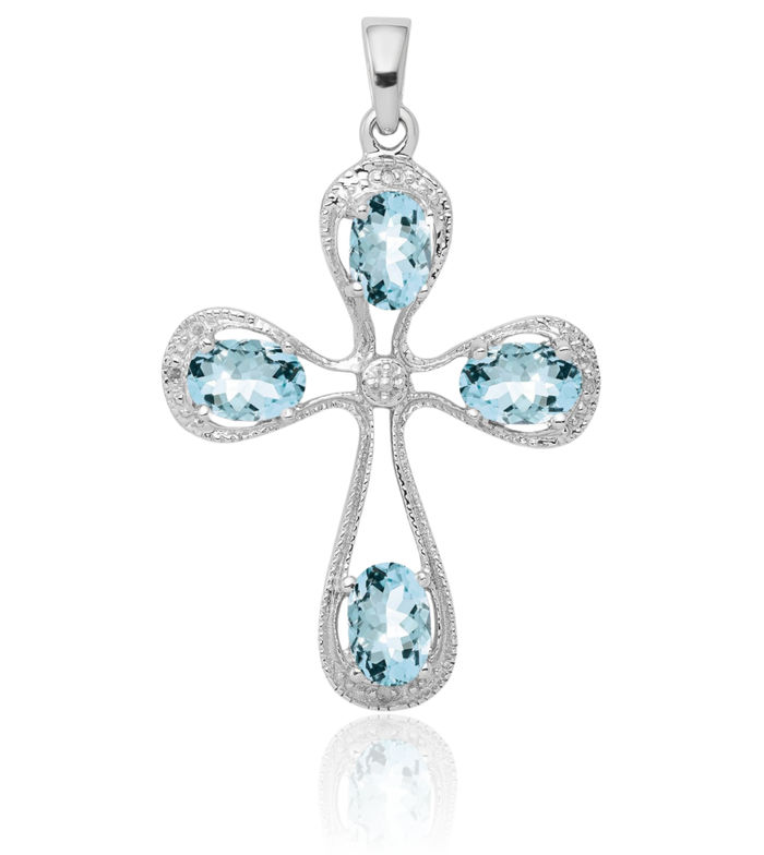 925 Sterling Silver Blue Aquamarine Diamond Holy Cross Necklace Religious Chain Pendant Jesus Christ Charm