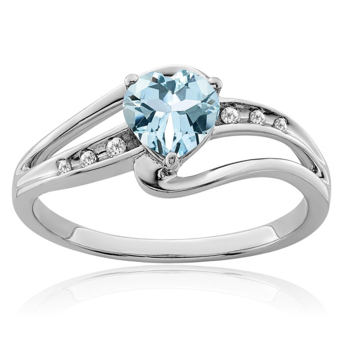 925 Sterling Silver Blue Aquamarine Diamond Heart Ring Love Band March Birthstone Jewelry