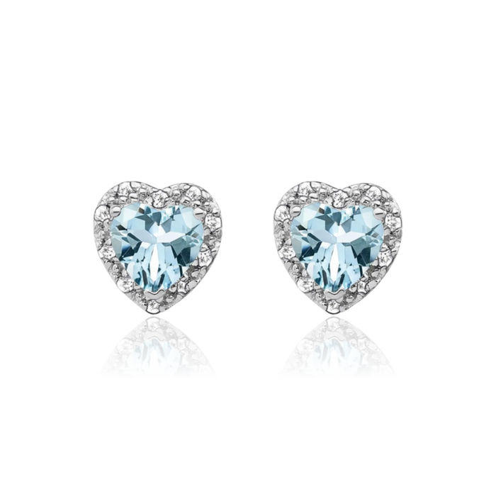 925 Sterling Silver Blue Aquamarine Diamond Heart Stud Solitaire Earrings March Birthstone Jewelry