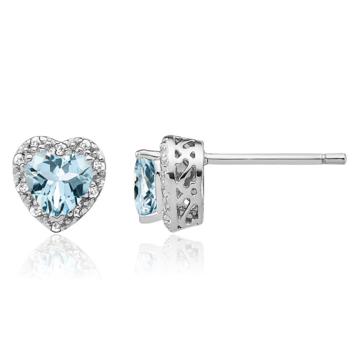 925 Sterling Silver Blue Aquamarine Diamond Heart Stud Solitaire Earrings March Birthstone Jewelry