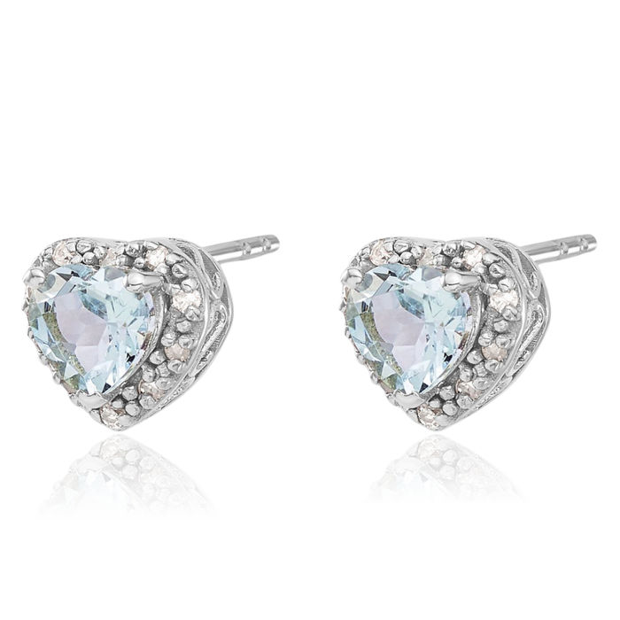 925 Sterling Silver Blue Aquamarine Diamond Heart Stud Solitaire Earrings March Birthstone Jewelry