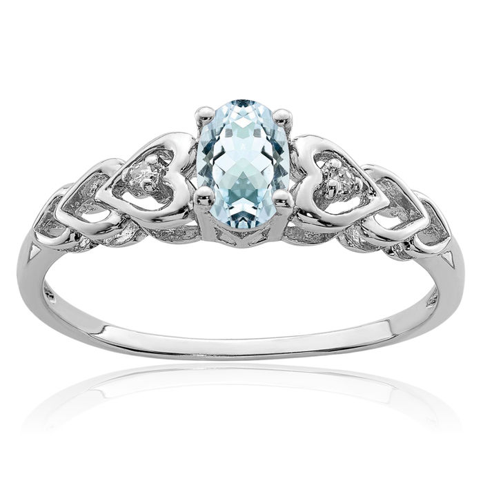 925 Sterling Silver Blue Aquamarine Diamond Ring Gemstone Band March Birthstone Jewelry