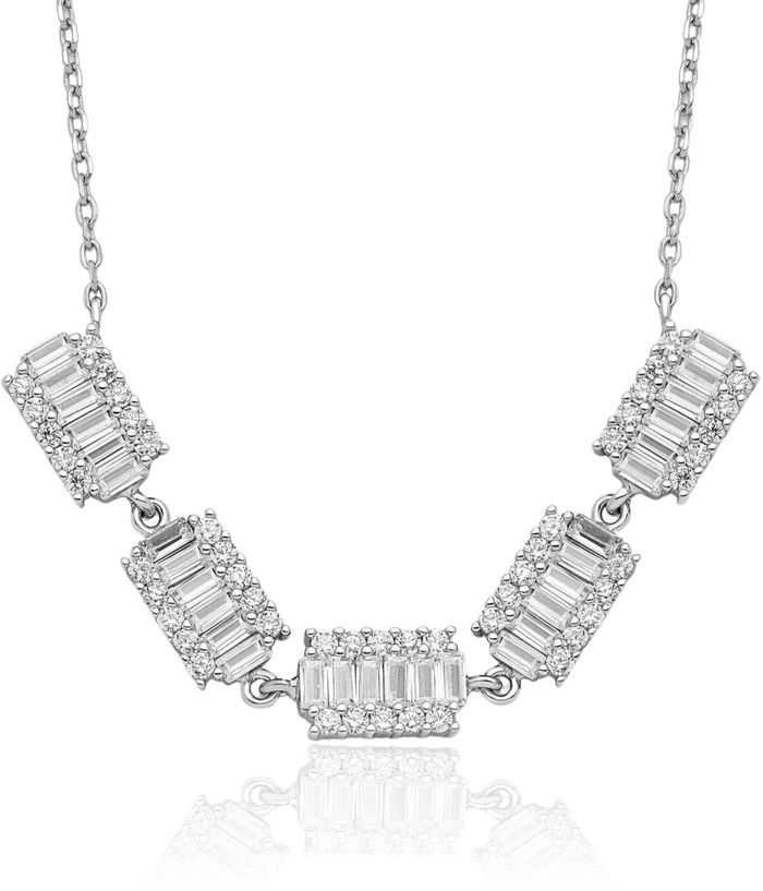 925 Sterling Silver Baguette Cubic Zirconia CZ Bars Necklace Chain