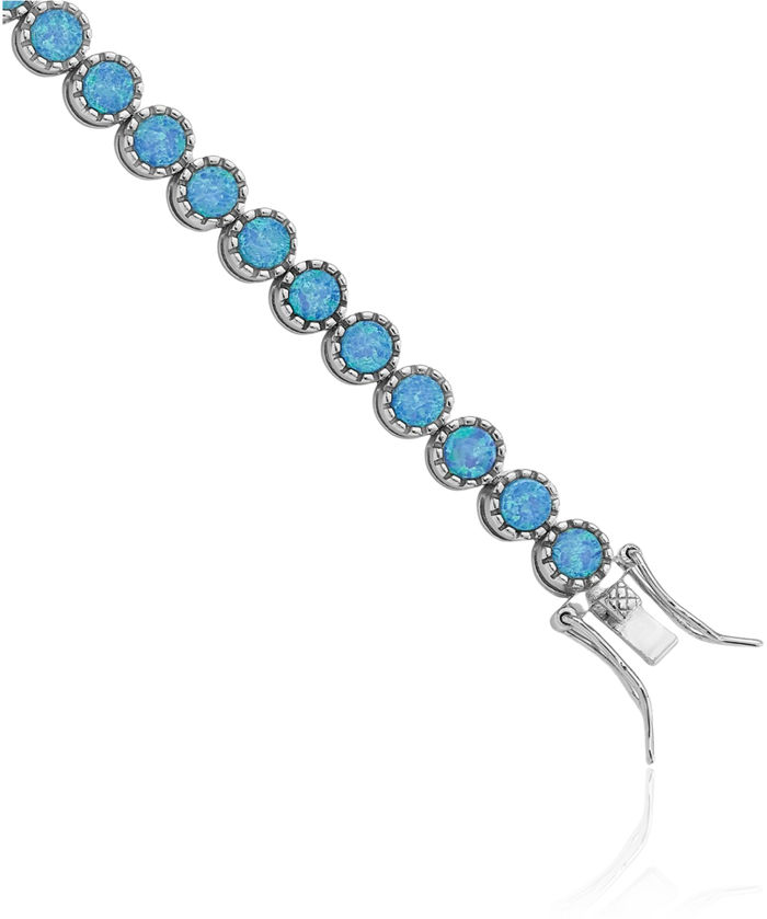925 Sterling Silver Beaded Ball Blue Lab Opal Chain Gemstone Tennis Bracelet