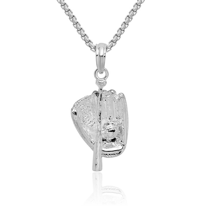 925 Sterling Silver Baseball Bat Glove Necklace Softball Charm Sports Pendant