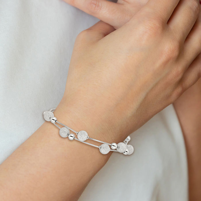 925 Sterling Silver Beaded Ball 2 Strand Chain Bracelet