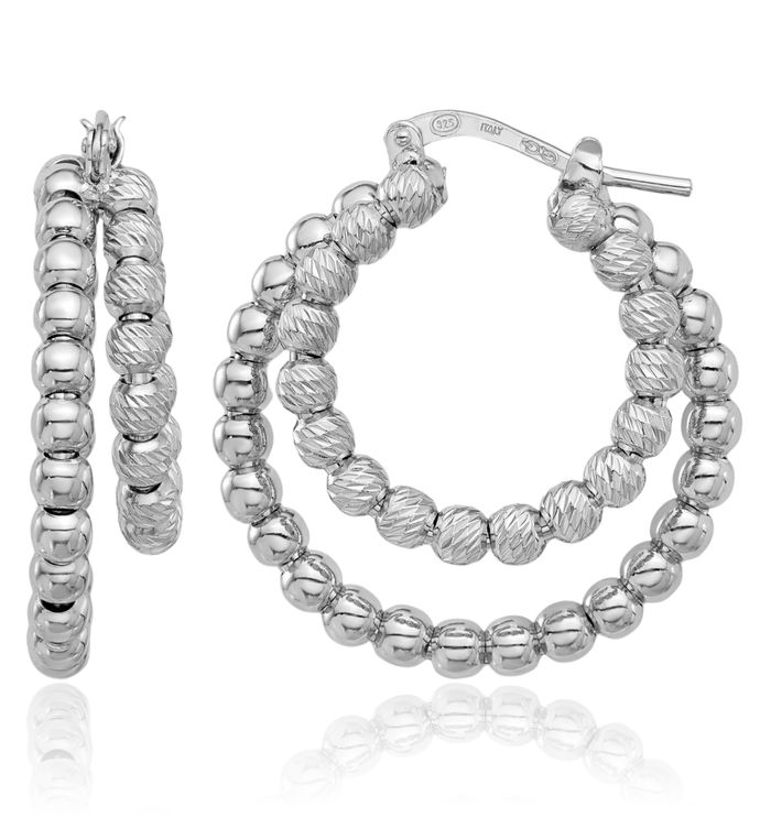 925 Sterling Silver Beaded Double Round Medium Hoop Earrings