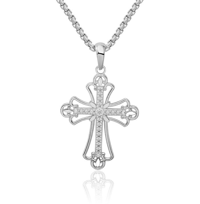 925 Sterling Silver Beaded French Fleur De Lis Lily Flower Holy Cross Necklace Religious Chain Pendant Jesus Christ Charm