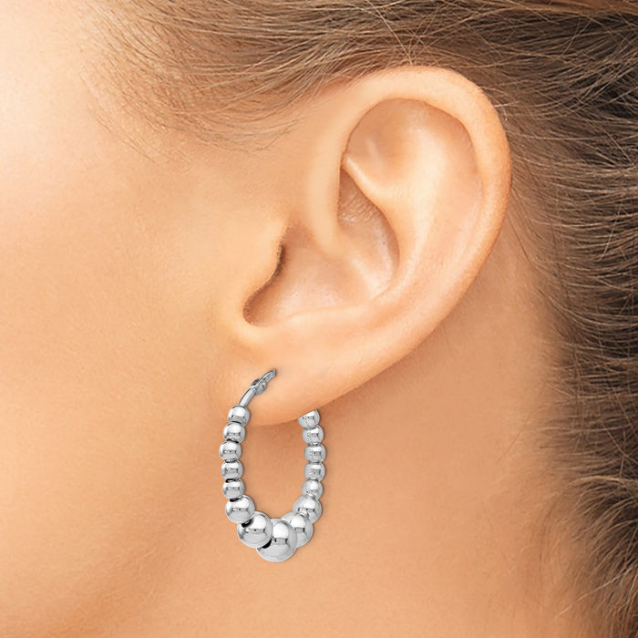 925 Sterling Silver Beaded Medium Hoop Earrings