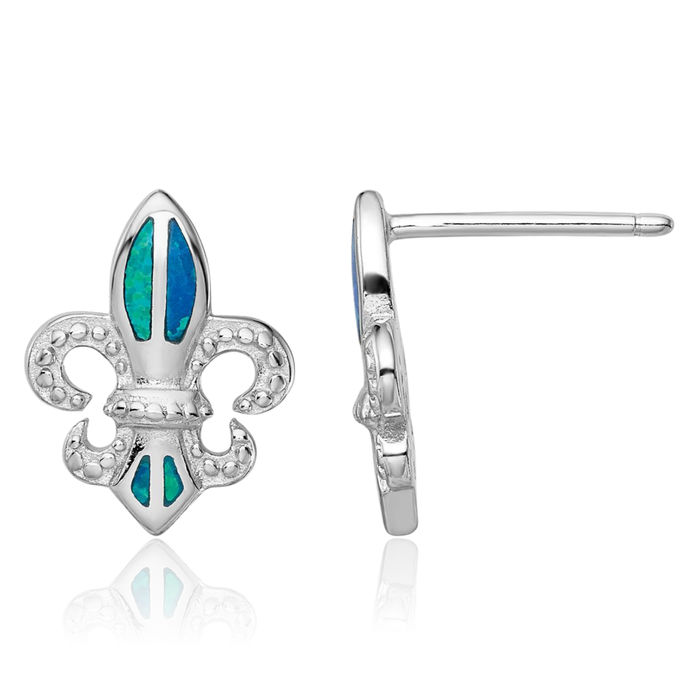 925 Sterling Silver Beaded Blue Lab Opal French Fleur De Lis Lily Flower Stud Earrings