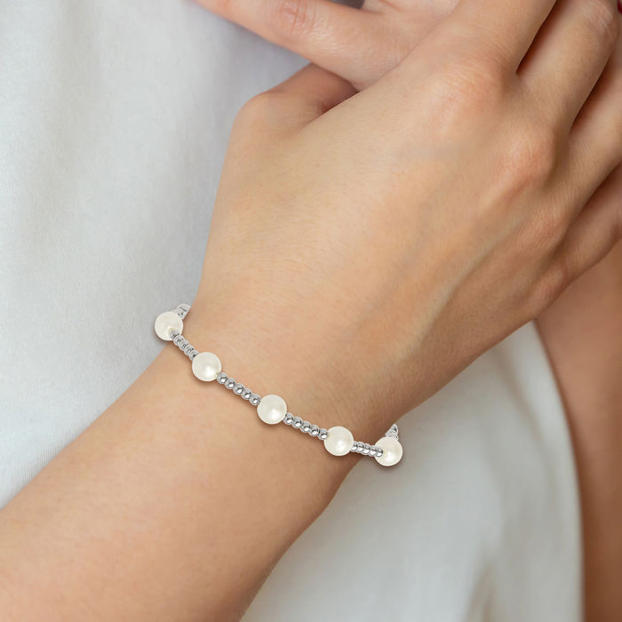 925 Sterling Silver Beaded Ball Synthetic Pearl Adjustable Wrap Bracelet