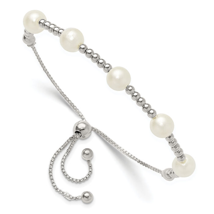 925 Sterling Silver Beaded Ball Synthetic Pearl Adjustable Wrap Bracelet