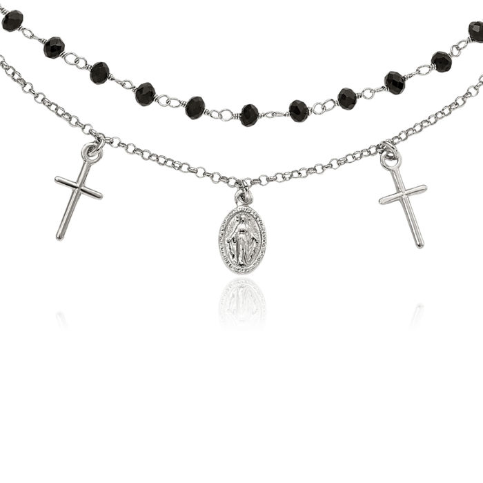 925 Sterling Silver Black Beaded Holy Cross Our Lady of Miraculous Medal Blessed Virgin Mary Chain Layering Necklace