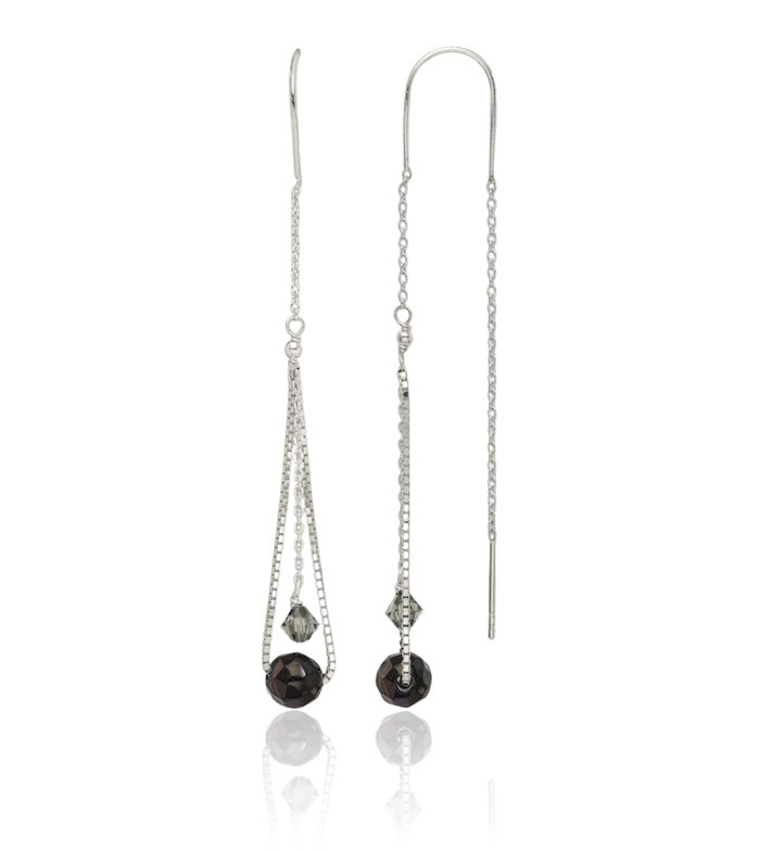 925 Sterling Silver Black Rhinestone Crystals Threader Drop Dangle Earrings