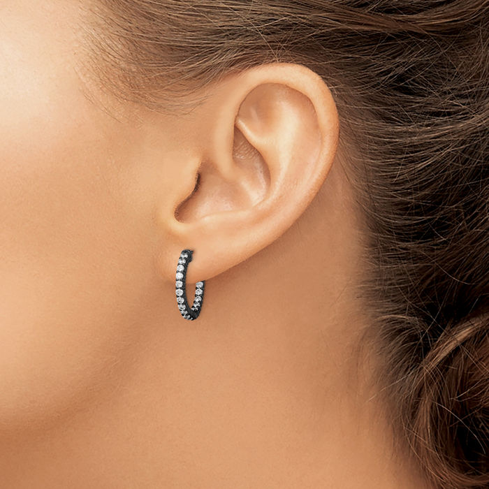 Black 2mm Cubic Zirconia CZ Round Small Hoop Earrings